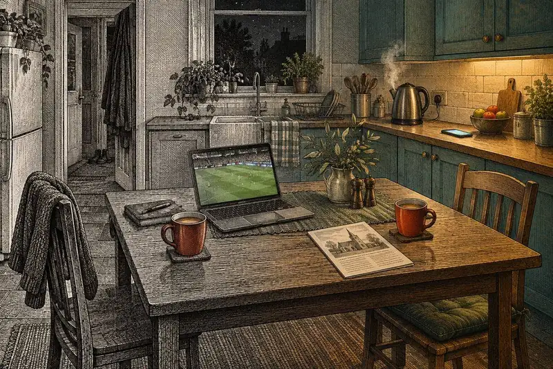 Draft illustration: a kitchen at night, with no people shown.